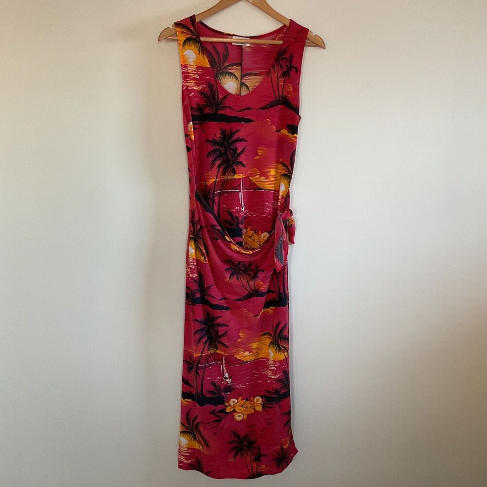 VTG Janana's Maxi Faux Wrap Dress L Hawaiian Tropical Island Palm Tree Sunset